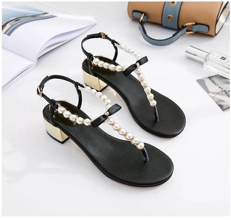 Sandals women 2019 new summer Toe thick heel Net red versatile pinch Pearl sandals Flip-flop sandals - AIAZ