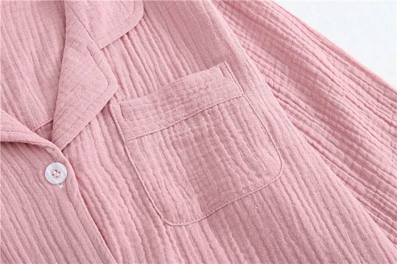 Solid Breathable Lovers 100% Cotton Crepe Pajamas Sets Women Men Autumn Long Sleeve Fresh Soft Pijama Mujer Casual Pyjamas - AIAZ