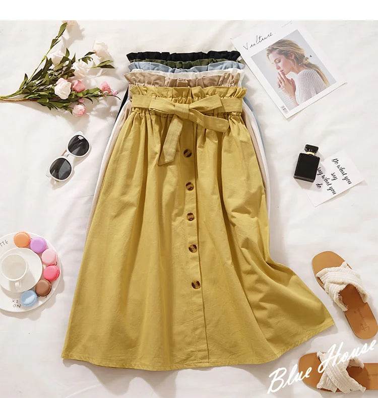 Summer Autumn Skirts Womens Midi Knee Length Korean Elegant Button High Waist Skirt Female Pleated School Skirt - AIAZ