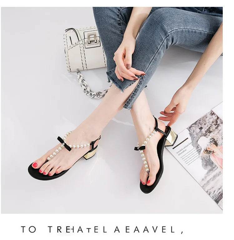 Sandals women 2019 new summer Toe thick heel Net red versatile pinch Pearl sandals Flip-flop sandals - AIAZ