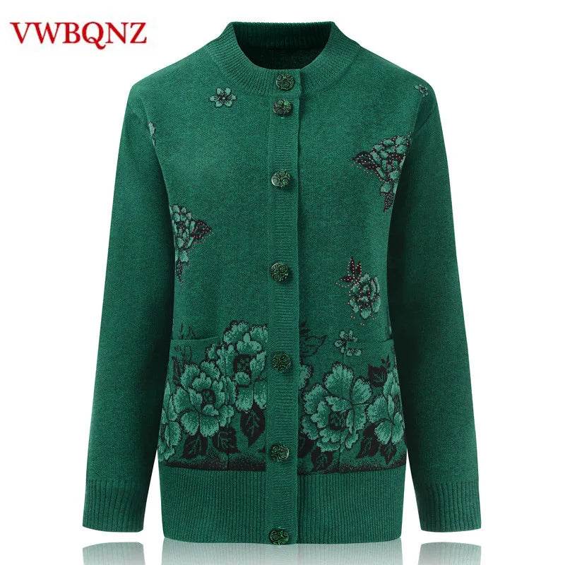 Grandma Knitted Cardigan Jacket Autumn Winter Loose Women Print Long-sleeve Sweater Coat Plus size Warm Cardigan Women clothing - AIAZ