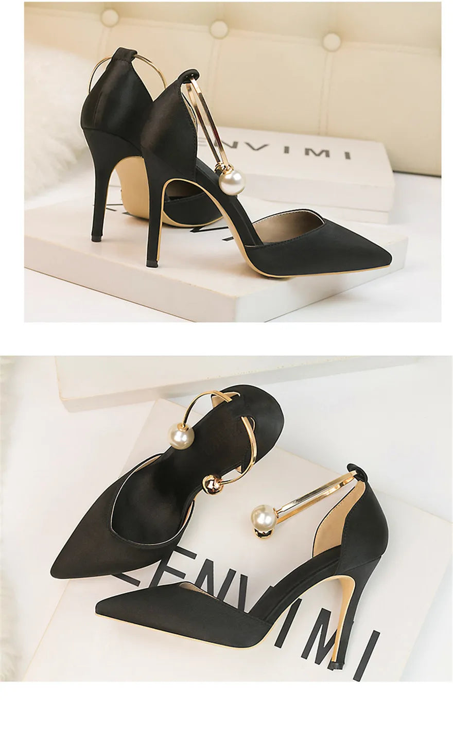 2025 New Elegant Pearl Metal Buckle High Heels Women Sandals Korean Fashion Soft Silk Pointed Ladies Shoes Party Sandals Shallow