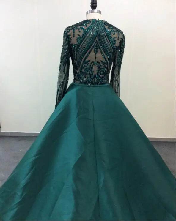 Muslim Long Sleeve Evening Dresses With Detachable Train Sequin Bling Moroccan Kaftan Green Formal Elegant Party Gown - AIAZ