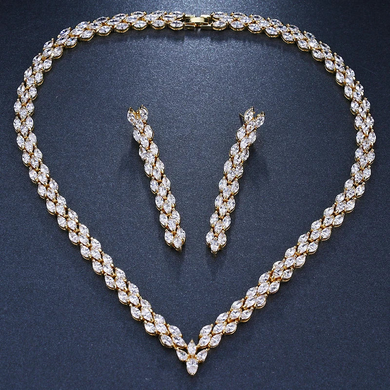 Emmaya Exquisite Cubic Zirconia Wedding Party Jewelry Set Gold Color High Quality CZ Bridal Necklace Earring