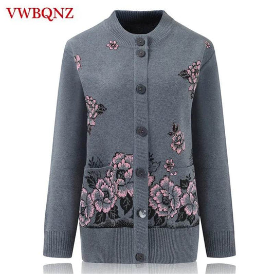 Grandma Knitted Cardigan Jacket Autumn Winter Loose Women Print Long-sleeve Sweater Coat Plus size Warm Cardigan Women clothing - AIAZ