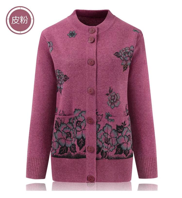 Grandma Knitted Cardigan Jacket Autumn Winter Loose Women Print Long-sleeve Sweater Coat Plus size Warm Cardigan Women clothing - AIAZ