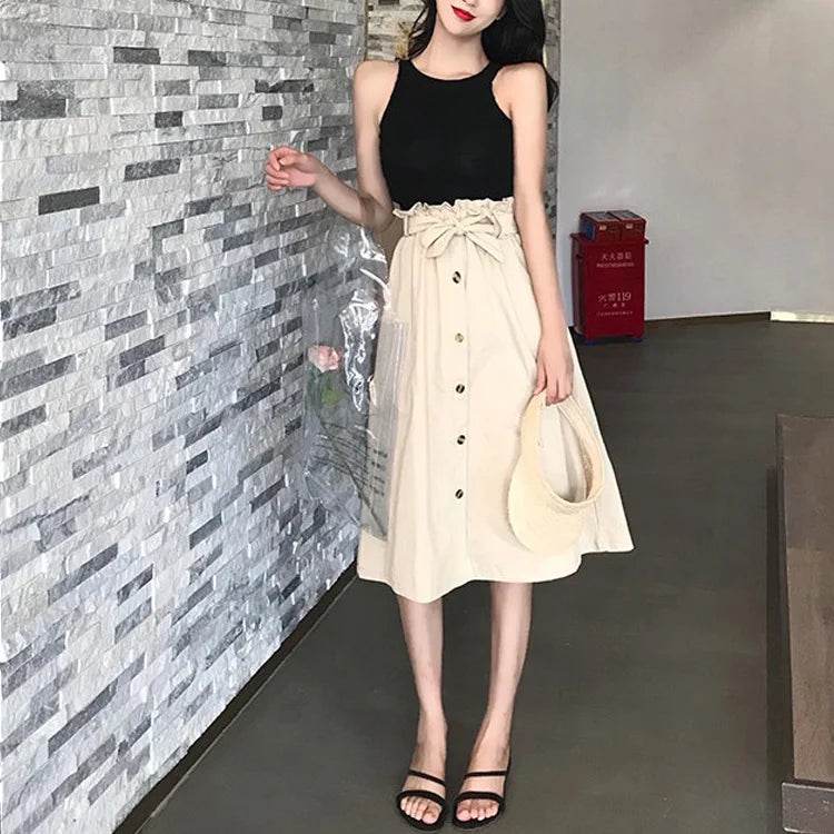 Summer Autumn Skirts Womens Midi Knee Length Korean Elegant Button High Waist Skirt Female Pleated School Skirt - AIAZ