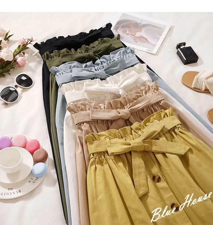 Summer Autumn Skirts Womens Midi Knee Length Korean Elegant Button High Waist Skirt Female Pleated School Skirt - AIAZ