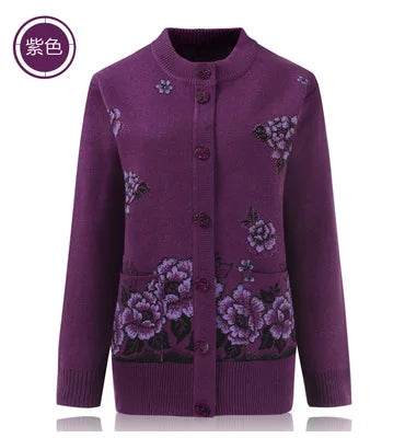 Grandma Knitted Cardigan Jacket Autumn Winter Loose Women Print Long-sleeve Sweater Coat Plus size Warm Cardigan Women clothing - AIAZ