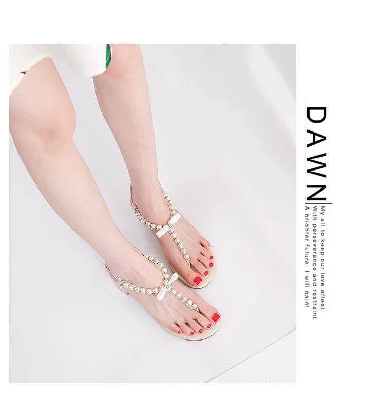 Sandals women 2019 new summer Toe thick heel Net red versatile pinch Pearl sandals Flip-flop sandals - AIAZ