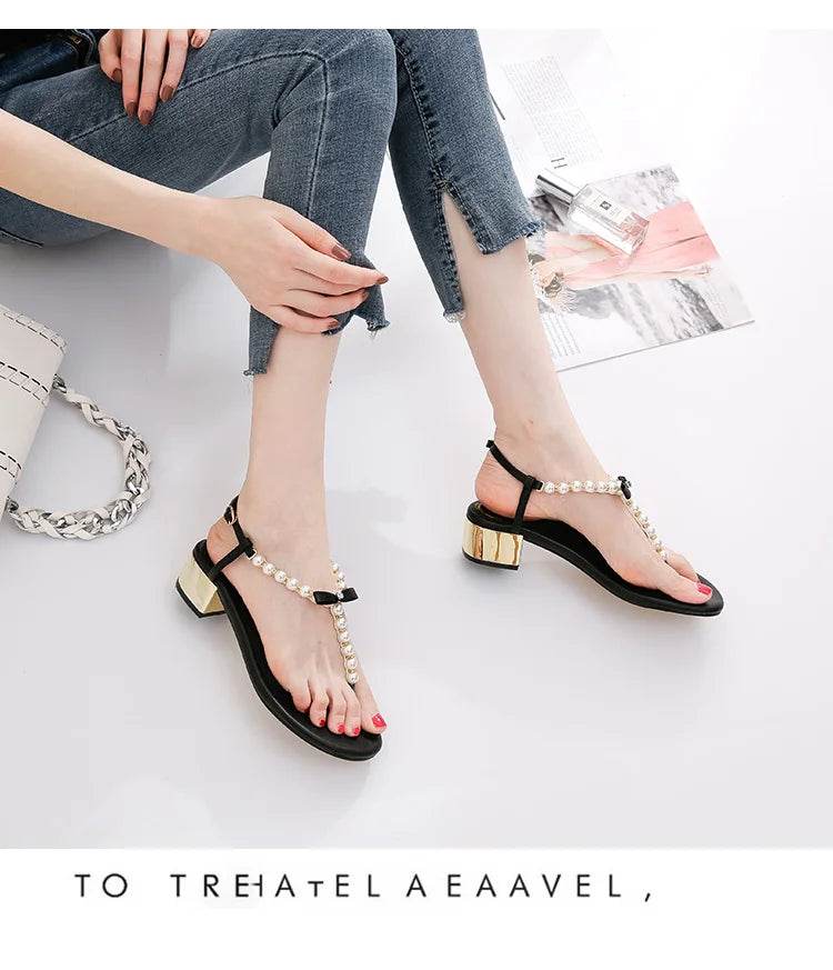 Sandals women 2019 new summer Toe thick heel Net red versatile pinch Pearl sandals Flip-flop sandals - AIAZ