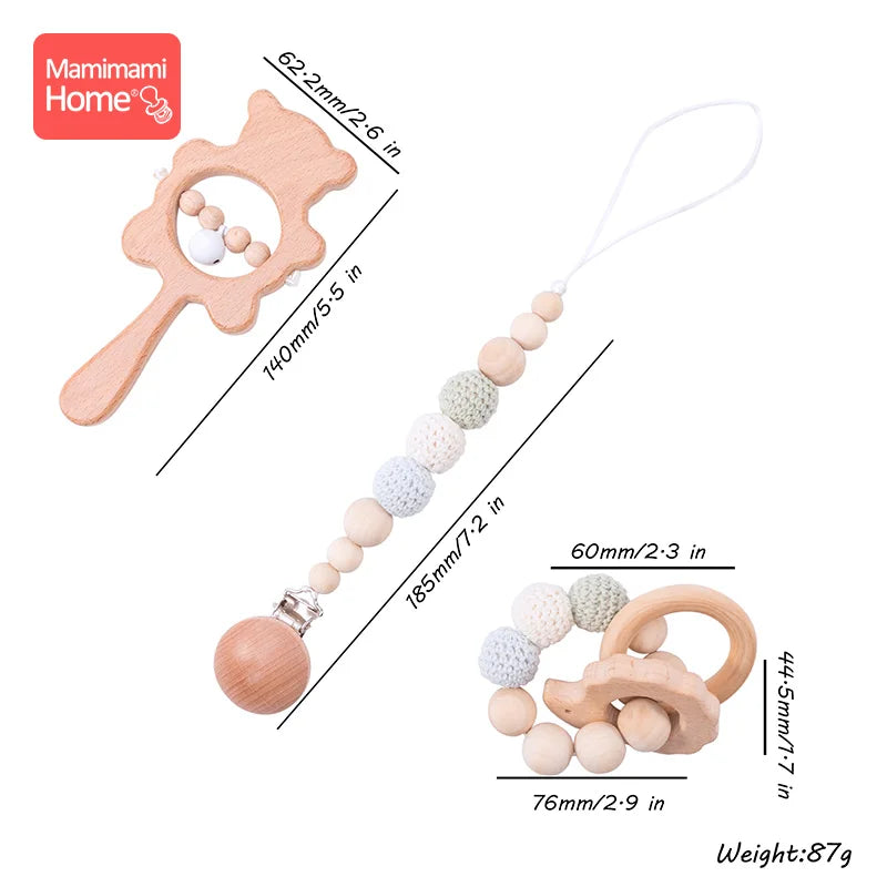 1 Set Baby Wooden Teether Crochet Beads Pacifier Chain Clip Wood Elephant Teething Bracelet Music Rattle Montessori Baby Product