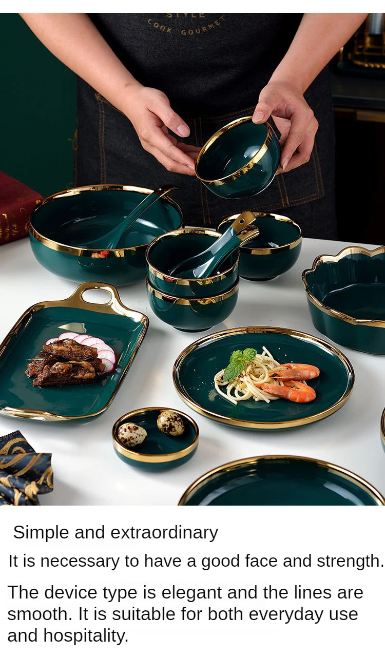 18 pcs Ceramic Tableware Set Nordic Green Phnom Penh Salad Plate Soup Rice Bowl Set Household Kitchen Supplies Dinnerware