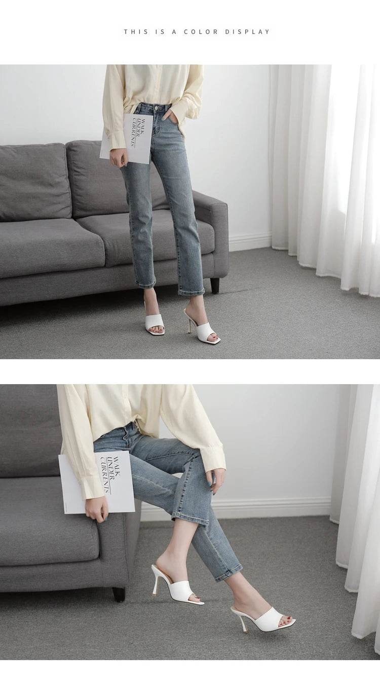 2025 New Summer Women Sandals Square Toe Ladies Heel Mules Sexy Thin High Heels Sandals Slippers Female Fashion Woman Shoes - AIAZ