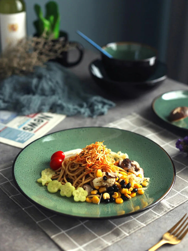 Malachite Green Ceramic Plates And Bowls Set Eco Friendly Porcelain Dinner Cutlery Set Kitchen Dish Plate Spoon Accessories