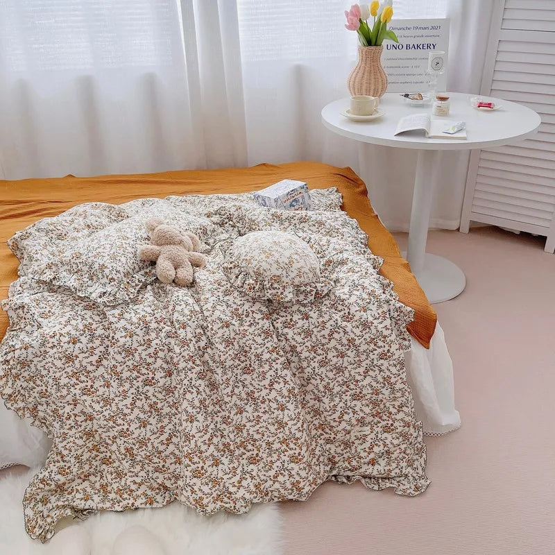 Korean Vintage Floral Printed Ruffled Cotton Baby Duvet Cover Kids Children Infant Cot Crib Duvet Covers Quilt Cover Bedding