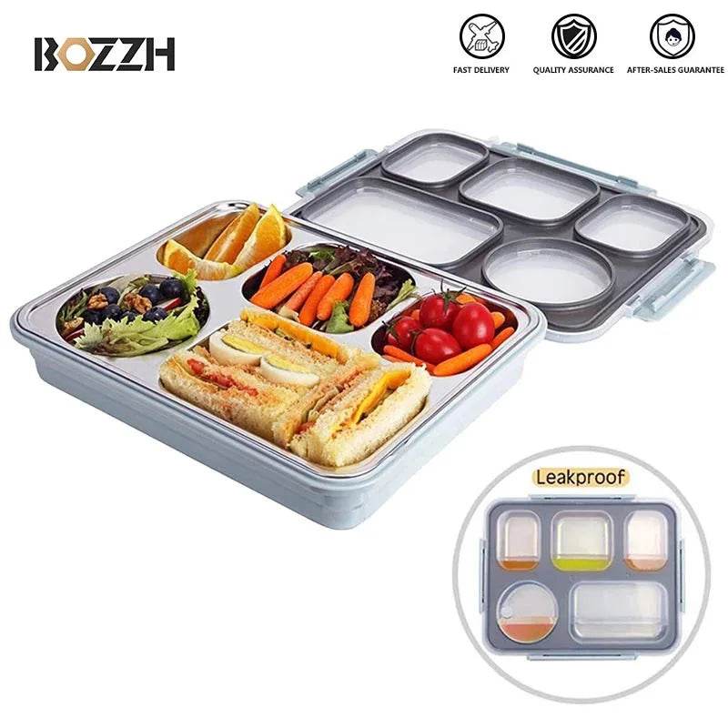 BOZZH Stainless Steel Lunch Box Bento Box For Kids 5 Microwave Plastic Food Container With Compartment Leak-Proof Food Box - AIAZ