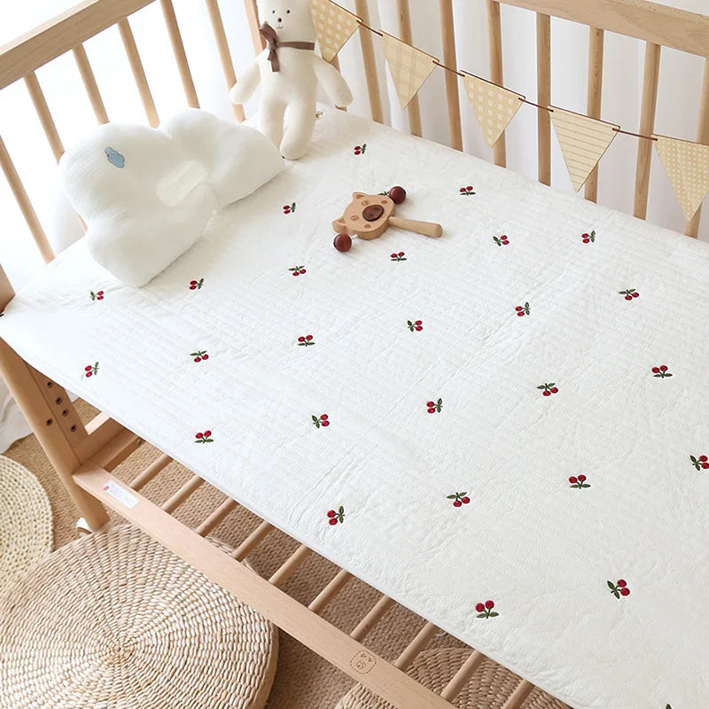 Korean Pure Cotton Quilted Baby Cot Crib Fitted Sheet Bear Cherry Loquat Embroidery Kids Infant Cradle Bed Sheets Mattress Cover