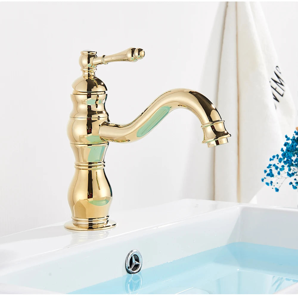 POIQIHY Antique Brass Basin Vessel Sink Faucet Deck Mounted One Hole Cold Hot Water Cold Hot Mixer Tap Bathroom Faucet  1 Hole