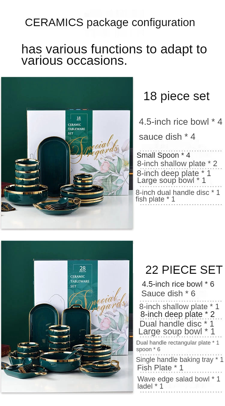 18 pcs Ceramic Tableware Set Nordic Green Phnom Penh Salad Plate Soup Rice Bowl Set Household Kitchen Supplies Dinnerware