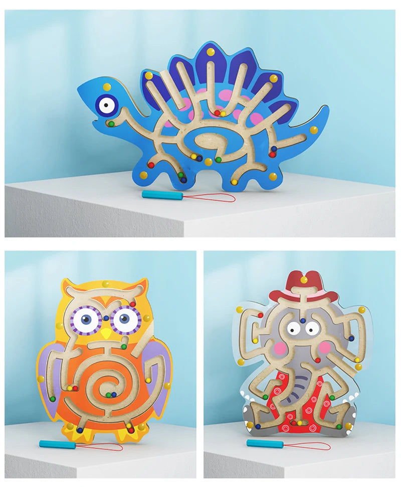 Kids Magnetic Maze Toy Mini Wooden Interactive Maze Pen Driving Beads Maze Puzzle Board Game Eduactional Toys for Toddlers Baby