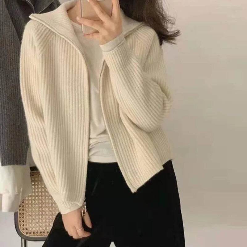 Sweater Cardigan Women Spring New Solid Vintage All-match Elegant Zipper Loose Daily Soft Sweet Simple Casual Knitwear Chic Teen - AIAZ
