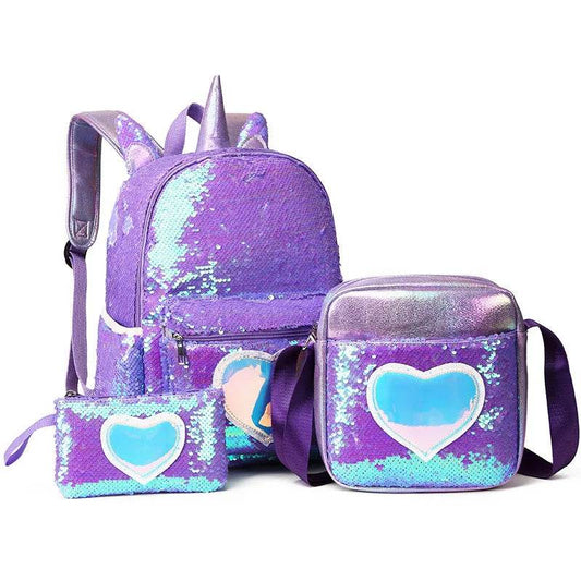 3pcs/set Sequins Unicorn Backpack Fashion Girl Glitter School Book Bag Girls Cute Hologram Laser PU Leather Travel Backpacks - AIAZ