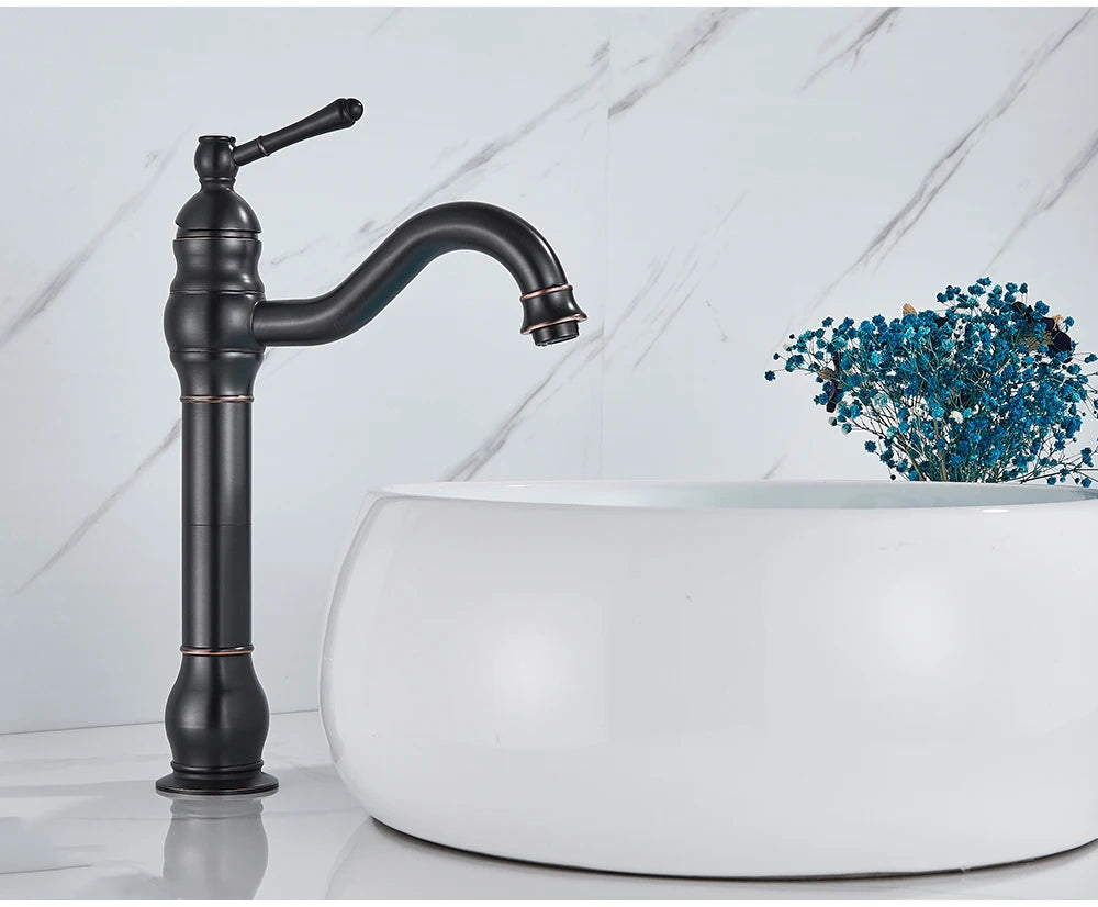 POIQIHY Antique Brass Basin Vessel Sink Faucet Deck Mounted One Hole Cold Hot Water Cold Hot Mixer Tap Bathroom Faucet  1 Hole