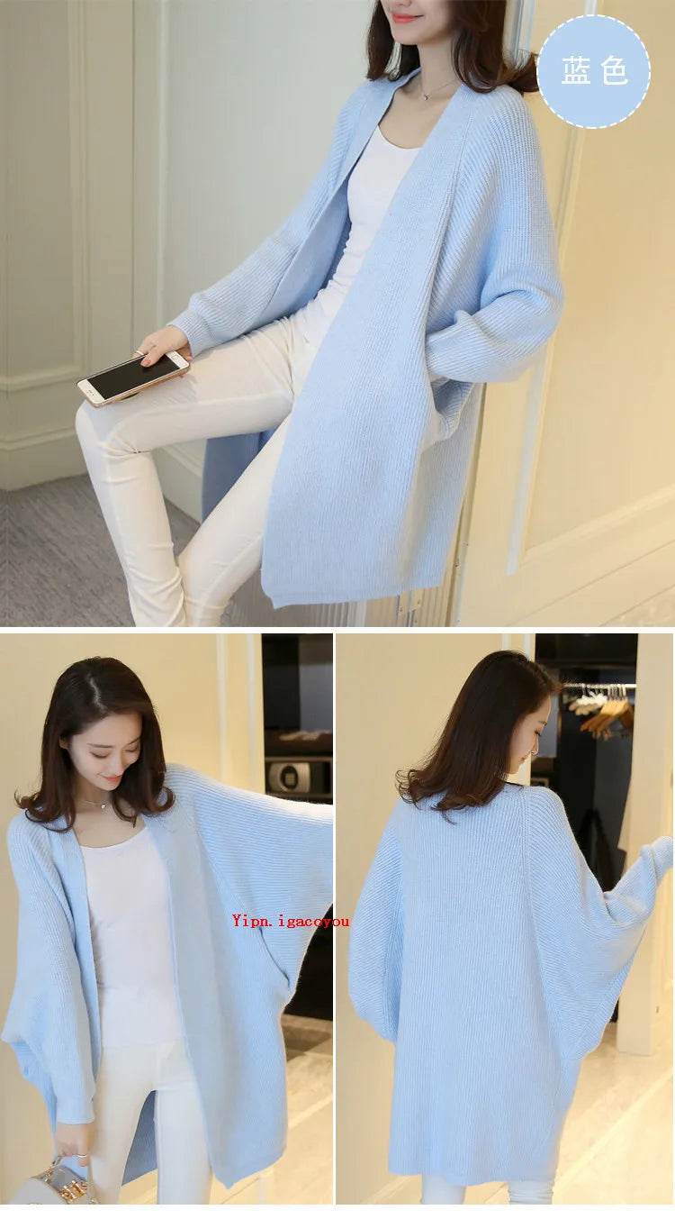 2023 Long Cardigan Women Sweater Autumn Winter Bat Sleeve Knitted Sweater Femme Jacket Loose Ladies Sweaters Cardigans New - AIAZ