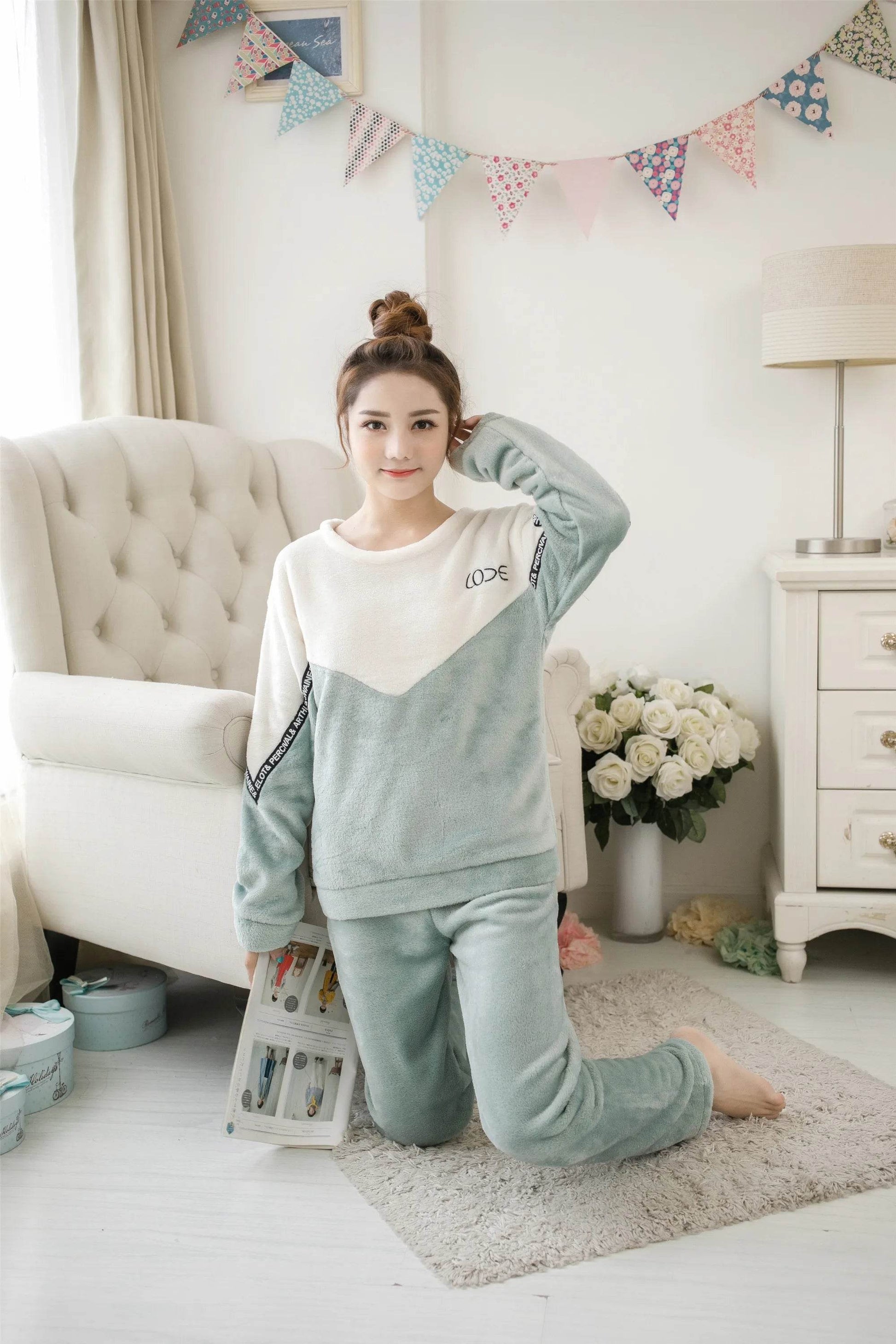 Women Pajamas Autumn Winter Flannel Warm Woman Sleepwear Korean cute Cartoon Pajama Set Fashion Pijama Mujer Home Cloth Pyjamas - AIAZ