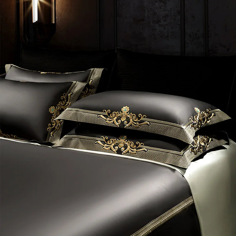 Premium High End Grey 1000TC Egyptian Cotton Soft Bedding set Chic Embroidery Queen King 4/6Pcs Duvet Cover Bed Sheet Pillowcase