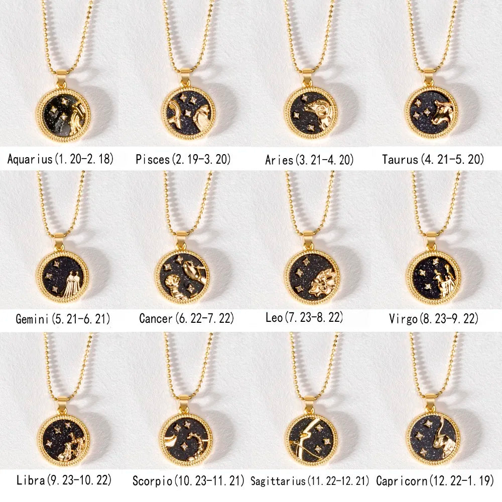 Fashion 12 Constellation Necklace For Women Men Gold Color Chain Zodiac Sign Round Pendant Necklace Couple Jewelry Birthday Gift