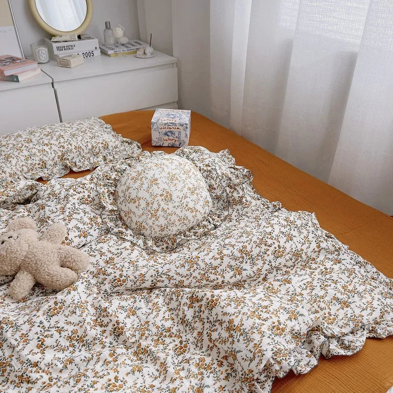 Korean Vintage Floral Printed Ruffled Cotton Baby Duvet Cover Kids Children Infant Cot Crib Duvet Covers Quilt Cover Bedding