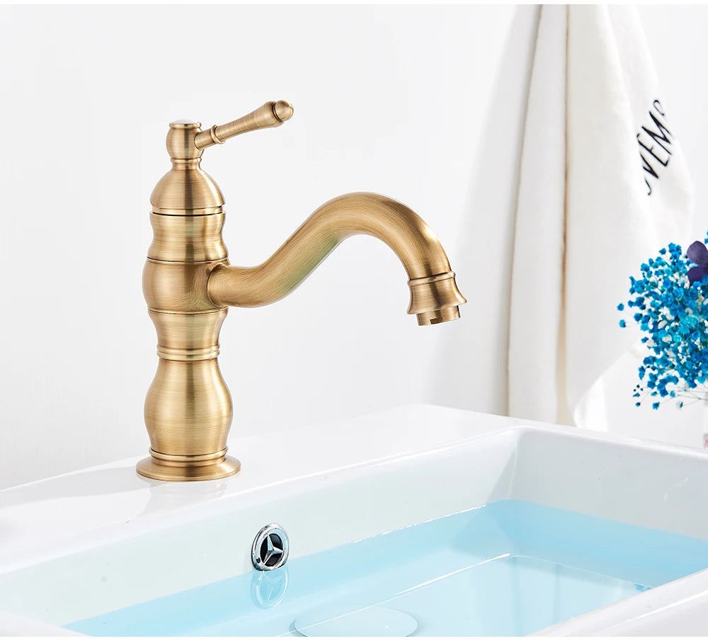 POIQIHY Antique Brass Basin Vessel Sink Faucet Deck Mounted One Hole Cold Hot Water Cold Hot Mixer Tap Bathroom Faucet  1 Hole