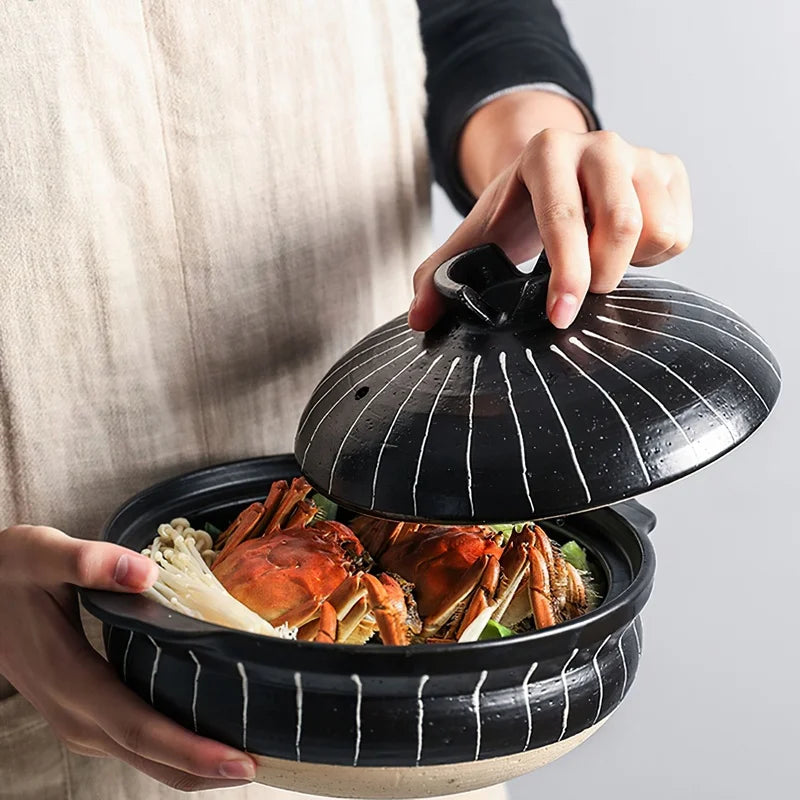 Ceramic Casserole Japanese Black Round 0.5-3L Multiple Size Cooking Pot Pan Household Kitchen Supplies Saucepan Cookware