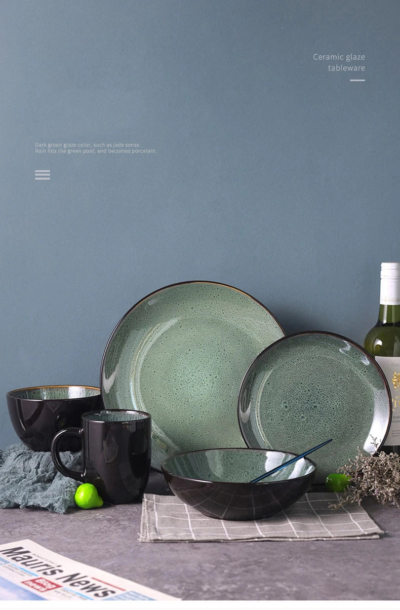 Malachite Green Ceramic Plates And Bowls Set Eco Friendly Porcelain Dinner Cutlery Set Kitchen Dish Plate Spoon Accessories