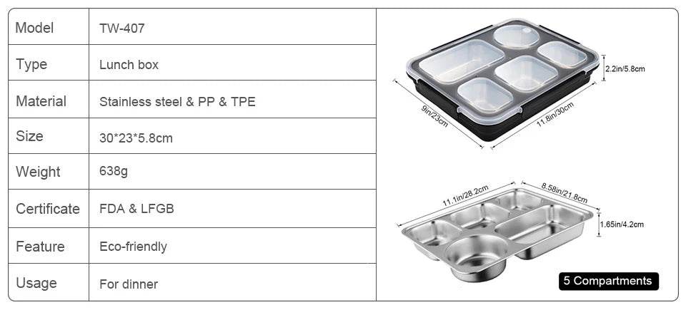 BOZZH Stainless Steel Lunch Box Bento Box For Kids 5 Microwave Plastic Food Container With Compartment Leak-Proof Food Box - AIAZ