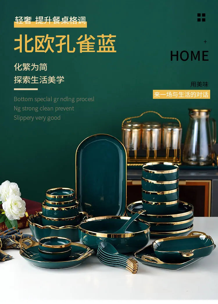 18 pcs Ceramic Tableware Set Nordic Green Phnom Penh Salad Plate Soup Rice Bowl Set Household Kitchen Supplies Dinnerware