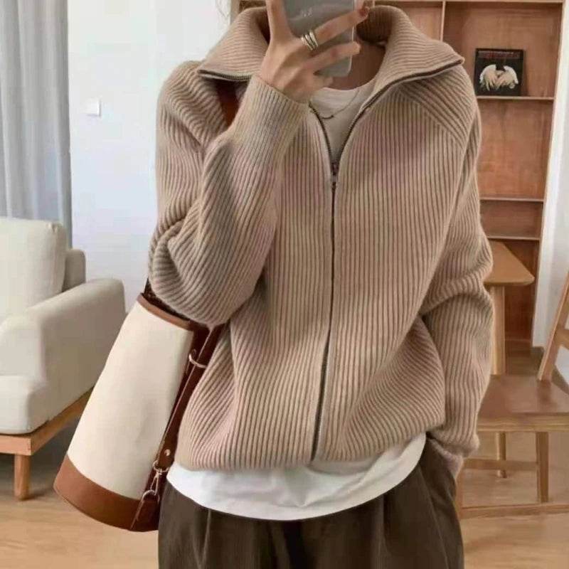 Sweater Cardigan Women Spring New Solid Vintage All-match Elegant Zipper Loose Daily Soft Sweet Simple Casual Knitwear Chic Teen - AIAZ