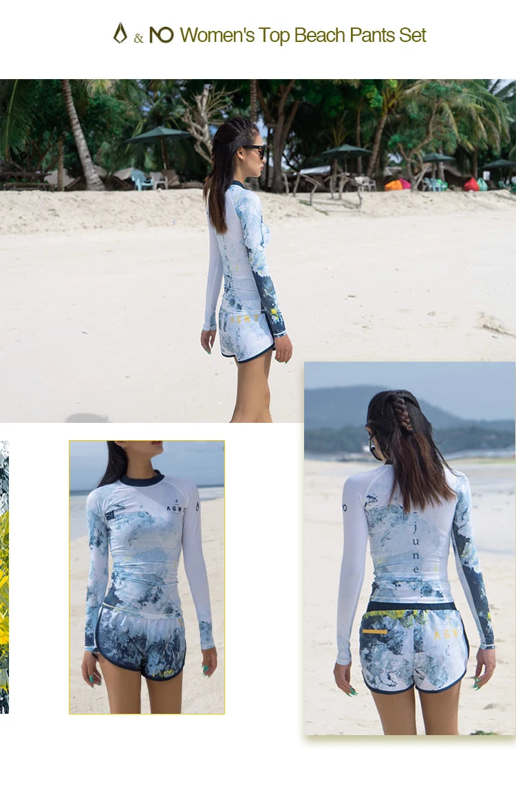 Nu-June Women Long Sleeve Rashguard Swimwear Print Surfing Top Diving Shirt Quick Dry Running Biking Rash Guard UPF50+ Swimsuit