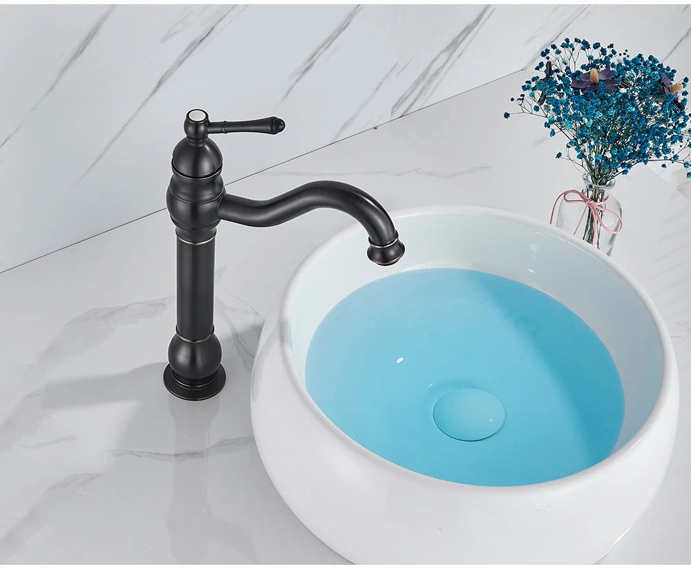 POIQIHY Antique Brass Basin Vessel Sink Faucet Deck Mounted One Hole Cold Hot Water Cold Hot Mixer Tap Bathroom Faucet  1 Hole