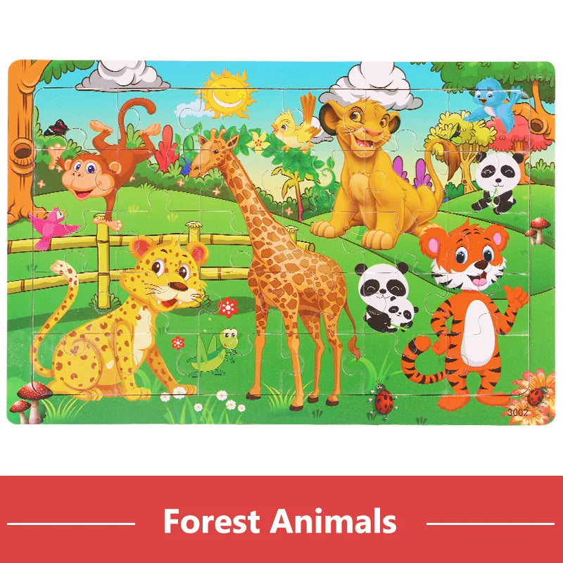 30Pieces Montessori Baby Toys Wooden 3d Puzzle Cartoon Animal Vehicle Cognition Wood Puzzle Learning Educational Toys for Kids