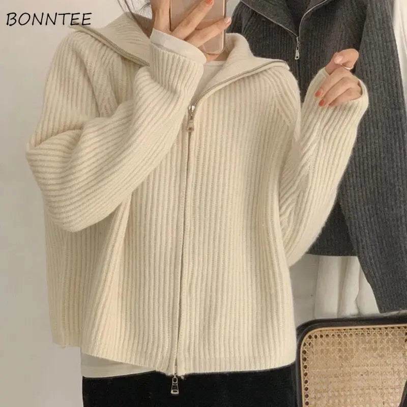 Sweater Cardigan Women Spring New Solid Vintage All-match Elegant Zipper Loose Daily Soft Sweet Simple Casual Knitwear Chic Teen - AIAZ