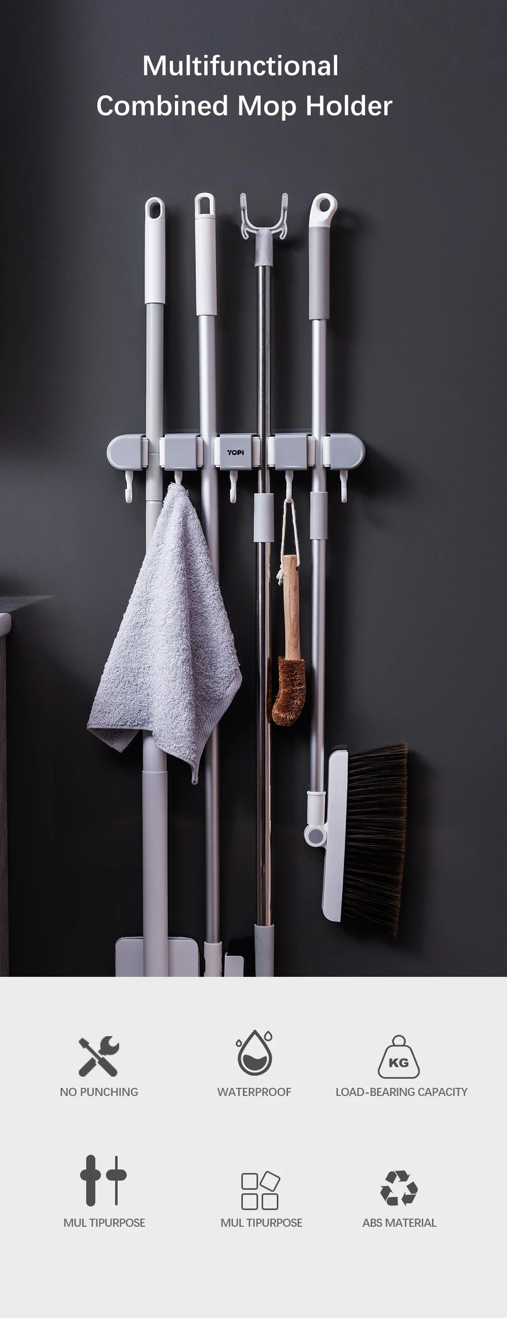 Wall Mounted Mop Storage Shelf  Rack Broom Organizer Hooks Holder Self-Adhesive Bathroom Kitchen Garden Garage Storage Tool