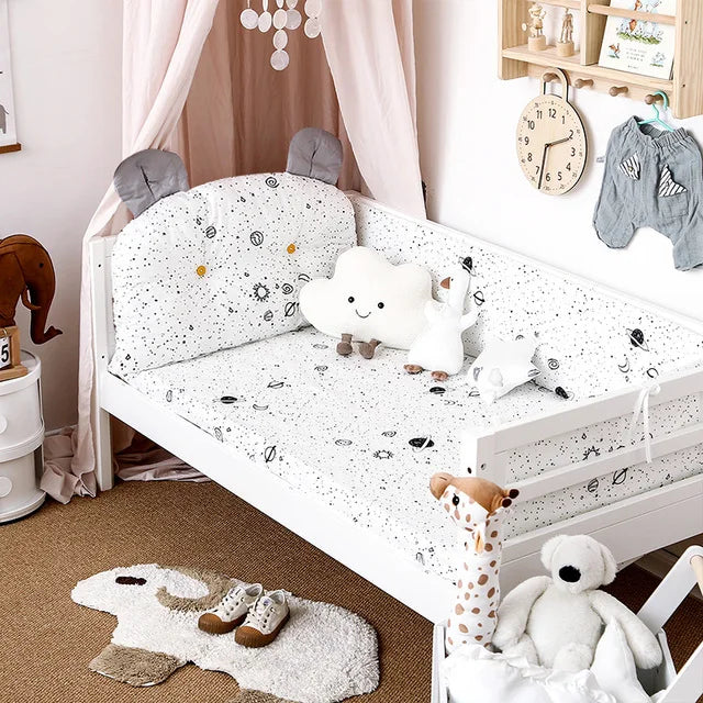 4Pcs Baby Bedding Set Cotton Cartoon Bear Head Crib Bed Protector Bumper Newborns Sheet Child Bed Baby Washable Cot Bedding Set