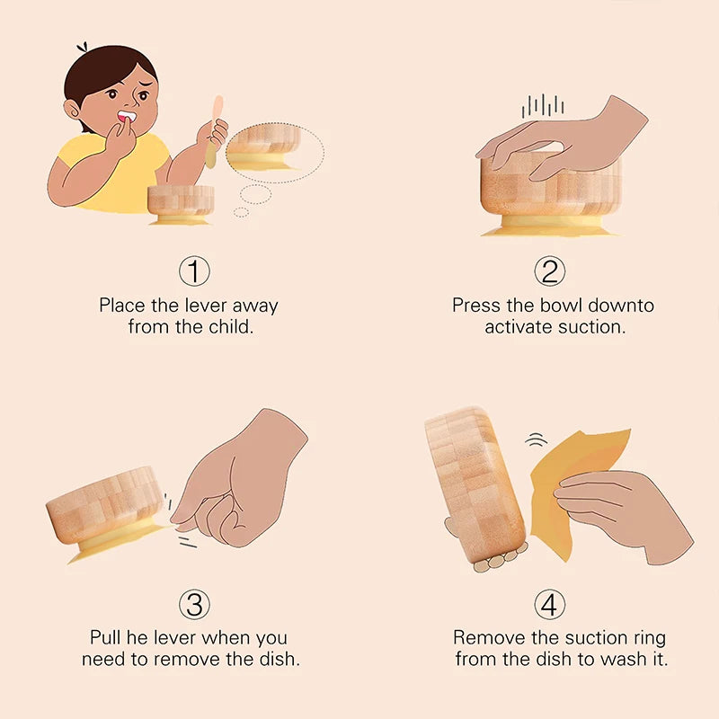 Baby Feeding Bowl Food Tableware Kids Wooden Training Plate Silicone Suction Cup Removable Wooden Fork Spoon Children's Dishes