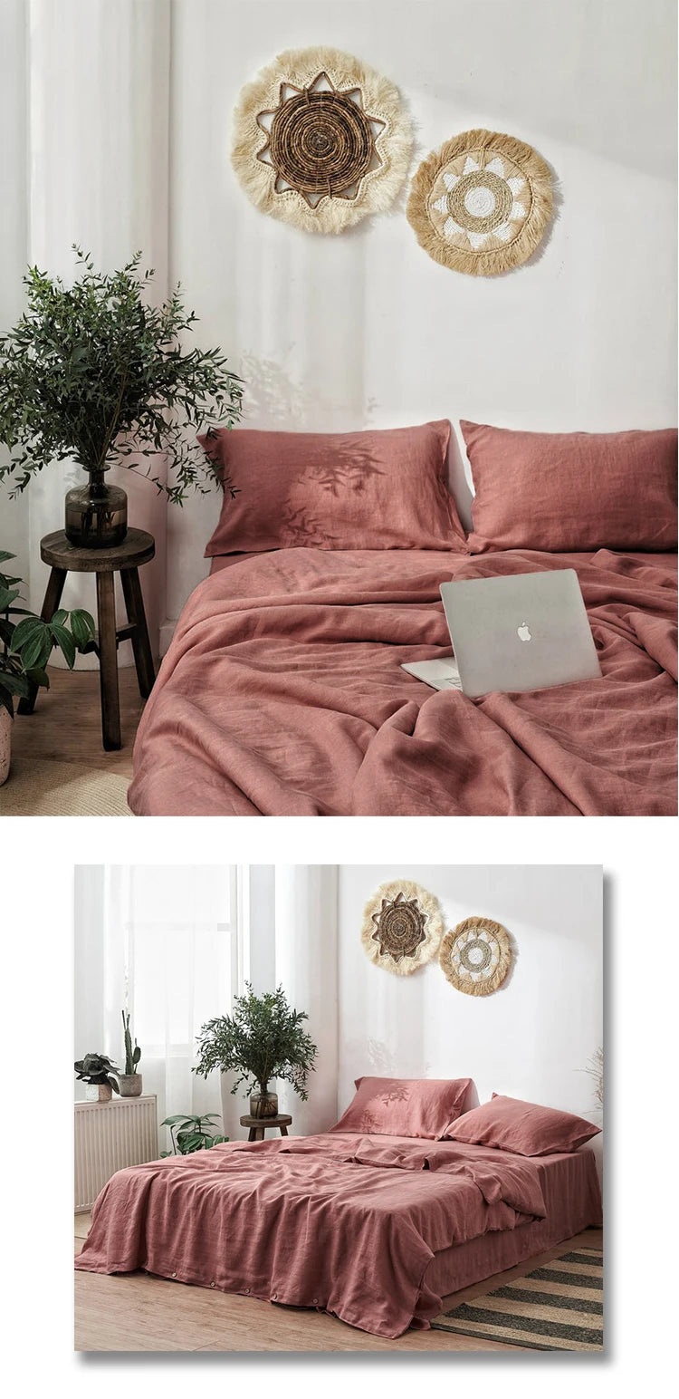 Pure Organic Flax Linen Bedding Set, Including Duvet Cover and 2 Pillow Cover, Bed Linens, Button Or Zipper Quilt Cover King
