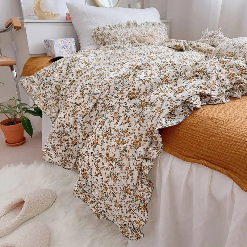 Korean Vintage Floral Printed Ruffled Cotton Baby Duvet Cover Kids Children Infant Cot Crib Duvet Covers Quilt Cover Bedding