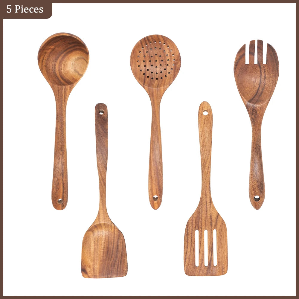 Thailand Teak Natural Wood Tableware Spoon Ladle Turner Long Rice Colander Soup Skimmer Cooking Spoons Scoop Kitchen Tool Set