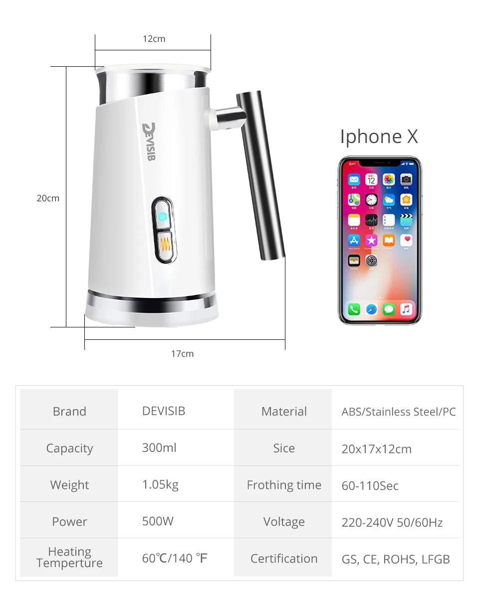 DEVISIB 3 in 1 Electric Milk Frother 300ml Automatic Hot and Cold Foam Maker for Coffee Latte Cappuccino Macchiato Hot Chocolate